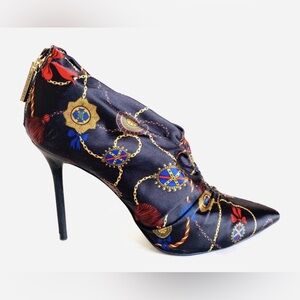 Zara Chain-Print Pointed Toe Stiletto Satin Ankle Booties Black Size 6 NEW